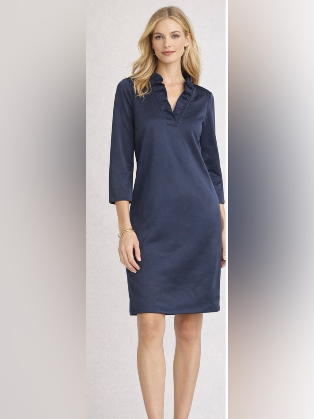 Gretchen Scott Navy Dress Size S Ruffle Neck Tunic Shift Dress Preppy Chic